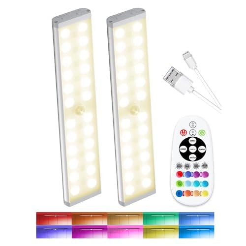 SZOKLED Motion Sensor Under Cabinet Lights, 58-LED RGB Closet Lights Wireless, 1100mAh Rechargeable Under Cabinet Lighting Dimmable Night Lights for Kitchen,Bedroom,Wardrobe,Hallway,Stairs (