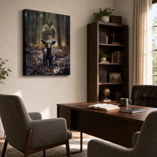 Image of GUN SUPPLIES OUTLET LLC Jesus and Lamb Canvas Wall Art Black Sheep Lost Picture Wall Art Canvas Print Christian Home Decor 12x16 inch