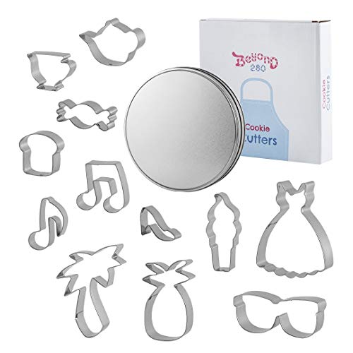 Beyond 280 Stainless Steel Cookie Cutters Beach Party Set for Tropical Hawaiian Summer Time 12-piece Reusable Shapes Dress Palm Tree Pineapple Glasses Ice-cream