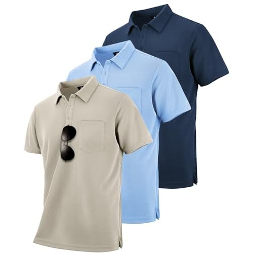 ZITY 3 Pack Polo Shirts for Men with Pocket Short Sleeve Moisture Wicking Outdoor Tactical Shirt Summer Casual Medium Apricot+navy+light Blue