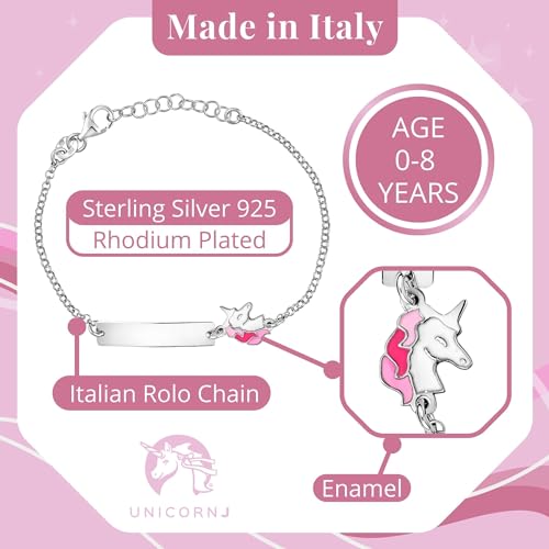 Image of UNICORNJ Sterling Silver 925 Engravable ID Bracelet Rolo Chain for Girls Heart with Pink Enamel 6.5 inch
