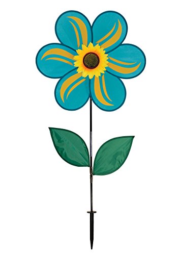 In the Breeze 2743 — 19-inch Teal Sunflower Wind Spinner with Leaves — Colorful Flower for Yard and Garden