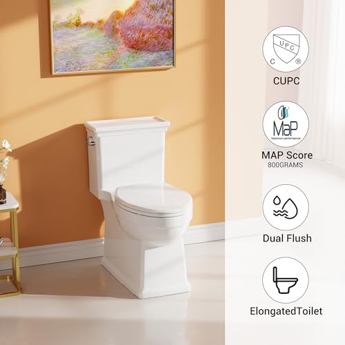 Image of One-Piece Ceramic Toilet with PP Cover, Comfort Height, CUPC Certified, Side Flush 1.28GPF, Durable Classical Elongated Bathroom Toilet