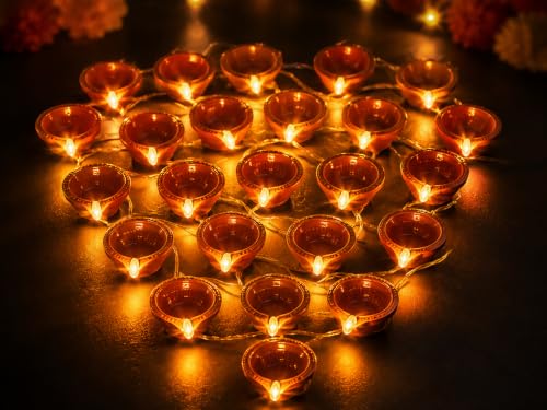 Image of MoonlitDreams Electric Diya Lights, 10 LED Traditional Diya String Light for Diwali Decoration, Home Decor, Mandir & Pooja, Festive Decorative Lighting, Brown
