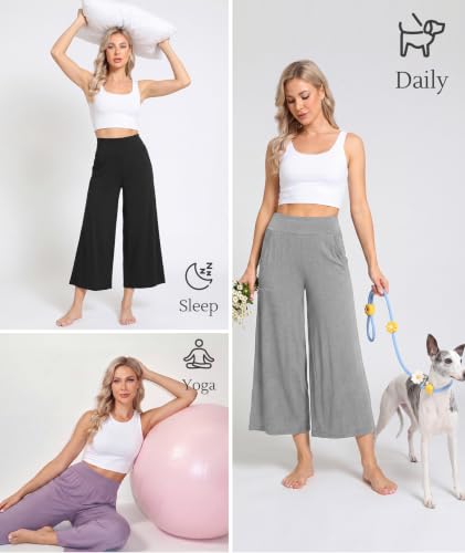 Image of GYS Bamboo Viscose Wide Leg Gaucho Cropped Pants, High Waist Capris Cloud-Soft Pajama Pants with Pockets, Flowy Yoga Pants