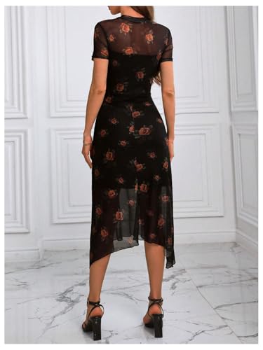 Image of Floerns Women's Floral Mesh Short Sleeve Asymmetrical Hem Flared A Line Dress