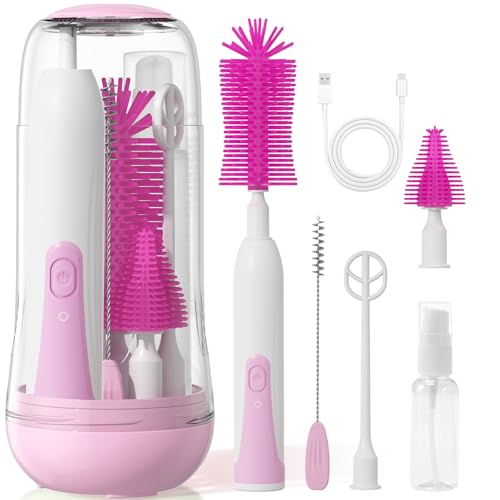 Image of Duoffanny Electric Bottle Brush Cleaner, Baby Bottle Cleaning Kit with Nipple Straw Brushes Drying Rack ​​Soap Dispenser Rechargable Waterproof Multi-Purpose E-Brush Set for Travel & Home, Pink Purple