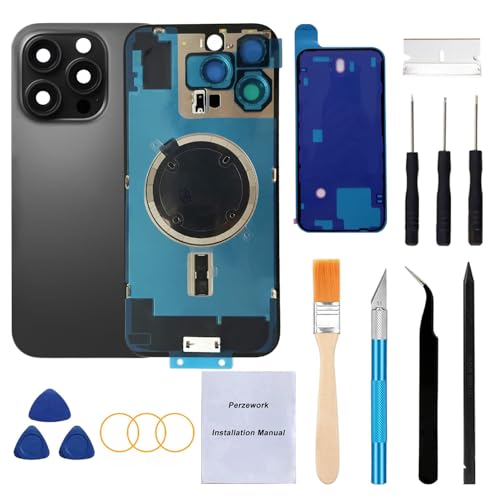 Perzework Rear Back Glass Replacement for iPhone 16 Pro 6.3-inches + Pre-Installed Plate and Camera Frame and Lens + Reparing Tool Kit (Black Titanium)