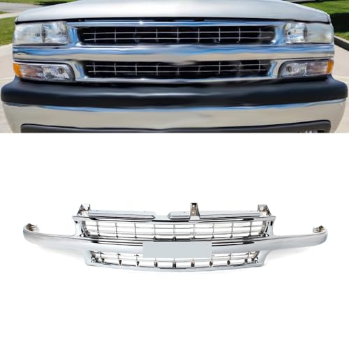 MIC Front Grille Grill Compatible with 1999-2002 Silverado 1500 2500 2000-2006 Suburban 1500 2500 2000-2006 Tahoe (Chrome)