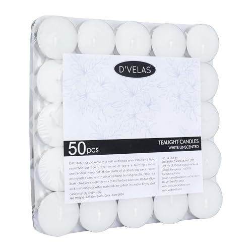 Image of D'Velas White Unscented Wax Tealight Candles - Pack of 50 | 2 Hours Burning Time, Paraffin Wax, Unscented, Smokeless, Dripless, for Home Decor, Offices & Other Occasions (White, Pack of 50)