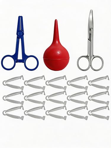 Whlrycm Animal Birth Kit with Curved Scissors, Disposable Umbilical Clamps, Hemostat, Bulb Syringe, Safe Delivery for Puppies, Kittens, Lambs, Piglets & Calves, Farm & Home Use
