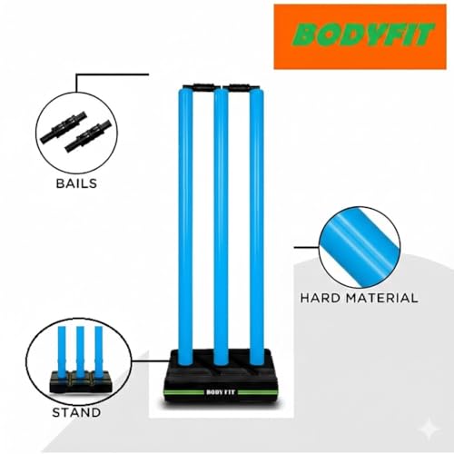 Image of Bodyfit Heavy Cricket Stumps | Plastic Wickets Set with 3 Stumps + 2 Bails + 1 Stand | Full Size Wickets for Cricket Ground, Tournament Wicket. (Blue-Black)