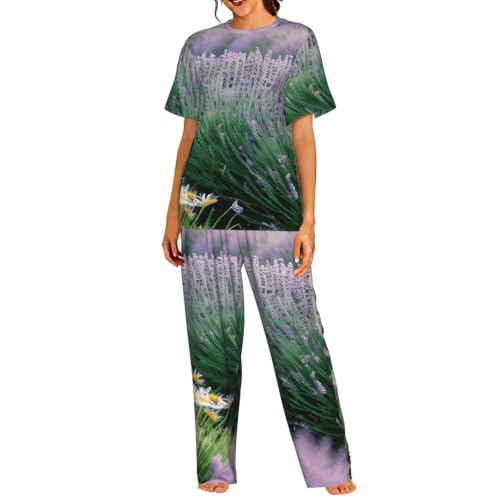 Pyjama court femme lavande et marguerites anti-transpiration pour un sommeil réparateur