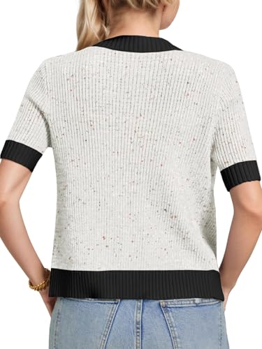 LCXWFE Womens Cropped Short Sleeve Cardigan Sweaters Crew Neck Button Down Tweed Cardigans Knitwear Tops with Pockets4