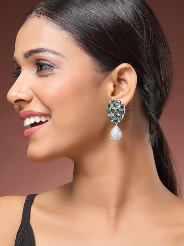 Image of Karatcart Silver Tone Green American Diamond Drop Earrings for Women