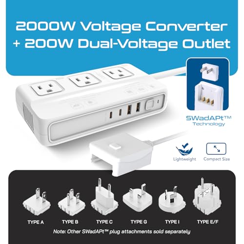 Image of Ceptics 220v to 110v Converter for Travel, 2000W Voltage Converter US to Europe with 3 AC outlets, 4 USB Ports (2X USB-C) and 6 SWadAPt attachments