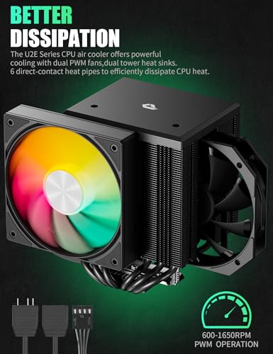 Image of upHere UE2KC6 6.1 inch Height Black ARGB Dual-Tower CPU Air Cooler, 6xФ6mm Heatpipes,Dual PWM Fan Computer Cooling,TDP 265W, Intel LGA2066 /2011 /1700 /1356 /1200 /115X; AMD AM4 /AM5 (155mm in Height)