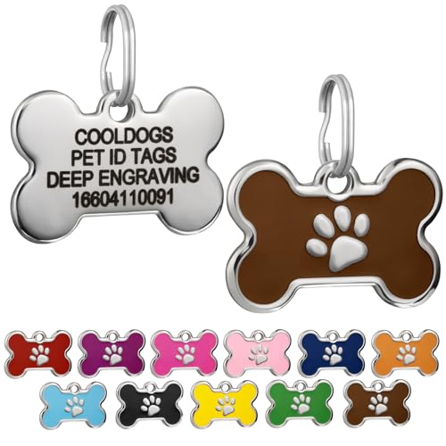 CoolDogs Stainless Steel Enamel Pet ID Tags for Dogs and Cats, Personalized Dog Tags, Cat Tags, Dog Name Tag, Cat Name Tag with Custom Engraved ID on The Back Side (Brown, Large)