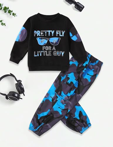 Image of Gaupafmb Toddler Boy Clothes Black Long Sleeve Letter Print Sweatshirts and Camouflage Pants Toddler Boy Fall Outfits