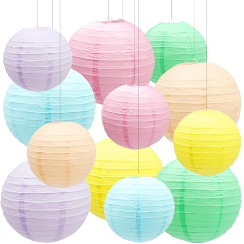 12 PCS Colorful Paper Lanterns Pastel Paper Lanterns Hanging Paper Lanterns Decorations for Classroom Baby Shower Wedding Graduation Anniversary Birthday Valentine's Day (8”, 10”)