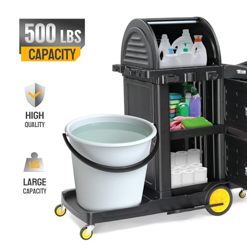 TUFFIOM Janitorial Cart with Key-Locking Cabinet, 3-Shelf Commercial Cleaning Cart with Wheels, Housekeeping Caddy with Locker, Black, Great for Hotel, Stores, Schools, and Business