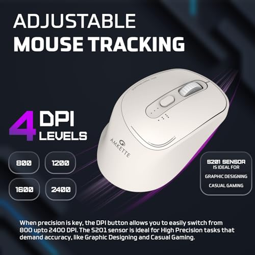 Image of Amkette Hush Pro Epic Rechargeable Wireless Mouse /Bluetooth Mouse | 3 Device Connectivity (2xBT&2.4G)| 2400 DPI |Silent Switches| Premium Ergonomic Design Type C Charging | White