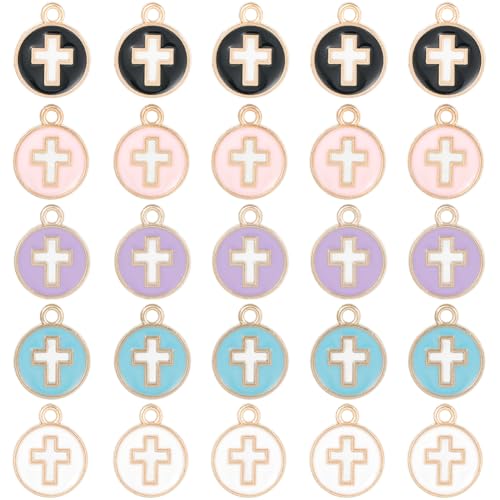 SUNNYCLUE 1 Box 50Pcs Cross Charms Bulk Black White Enamel Cross Charm Flat Round Colorful Crucifix Easter Holiday Hollow Charms for jewellery Making Charms Women DIY Earrings Bracelets Craft Supplies