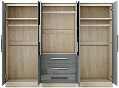 Unique Furnishings Gloss Grey Large Wardrobe - 6 Door 3 Drawers & Long Mirror
