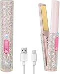 2-in-1 Lève-cheveux sans fil Curler, Strass rose Mini Titanium sans fil en fer plat, 5000mAh USB-C Remboursable, 2S Chauffage rapide, Jusqu'à 410°F, Outil de stylage portable, Cadeau idéal pour les femmes