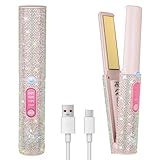 Huajun 2-in-1 Cordless Hair Straightener Curler, Pink Rhinestone Mini Wireless Titanium Flat Iron, 5000mAh USB-C Rechargeable, 2S Fast Heating, Up to 410°F, Portable Styling Tool (FCC Certified)