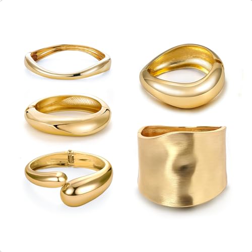 5Pcs Gold Chunky Cuff Bracelets Set for Women Boho Hippie Cuff Bangle Set Irregular Statement Stackable Thick Gold Bangle Bracelets for Festival & Everyday Wear