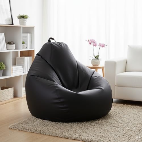 Image of 5XL Premium Leatherette Bean Bag with Rectangular Footrest & Cushion | High Density EPS Beans Filled | Teardrop Shape with Handle | 6 Months Warranty (Black, 5XL Single, Solid)