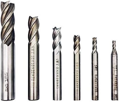 End Mill Bits, HSS CNC End Mill Cutter for Wood, Aluminum, Steel, Titanium, Straight 4 Flute Mill Bit Set of 6（3mm,4mm,6mm,8mm,10mm,12mm）