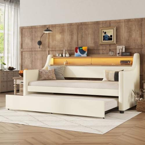 Bellemave Twin Size Daybed with Trundle, Upholstered Daybed with Charging Station and LED Lights, Twin Size PU Leather Daybed SofaBed, White