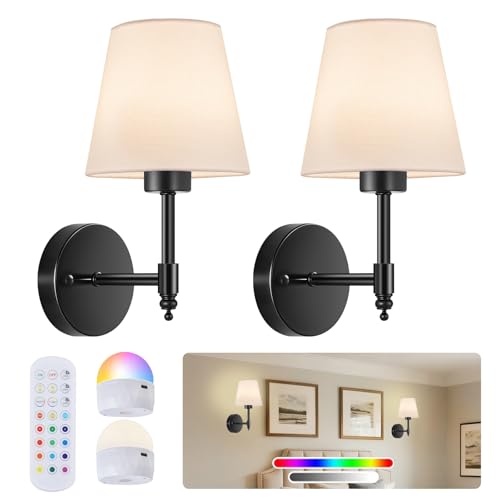 Image of Battery Operated Wall Sconces Set of Two, Rechargeable Wireless Wall Lights with RGB Dimmable Magnetic Bulb and Remote,15 Colors Options Wireless Wall Lamps for Bedroom Living Room Hallway -black