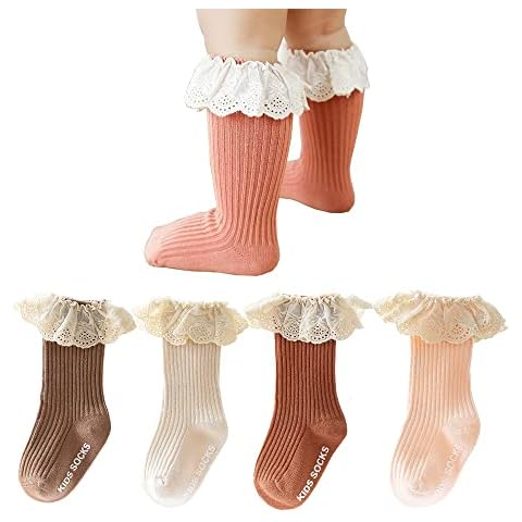 4 Pairs Spanish NewBorn Baby Girl Socks Cotton Knee High Stockings Lace-Tirmmed Ruffled Cute Princess Socks (0-1 Year, 4 Colors Set) Cover