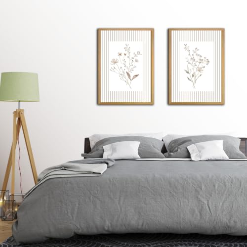 Minimalist Botanical Wall Art Set of 2 Framed Canvas Prints Vintage Beige Striped Wildflower Picture Poster for Bathroom Bedroom Living Room Cottagecore Artwork Wall Decor Home Gallery Decoration 24x16 Inch Wood Frame by DHYDH - Used condition - Image 6