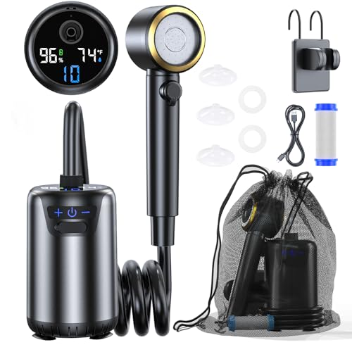 Ducha portátil para camping con batería recargable 8000mAh, 10 modos de pulverización, pantalla Fahrenheit, resistente al agua IPX8, bomba para exteriores para senderismo, viaje, autos, mascotas, plantas, surf y limpieza de botes