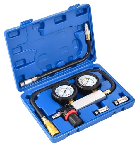 Engine Cylinder Leak Down Pressure Tester Kit with Dual Gauge, Compression Leakdown Detector Leakage Test Tool Set with M10/12/14 adapters for Car Truck Motorcycle