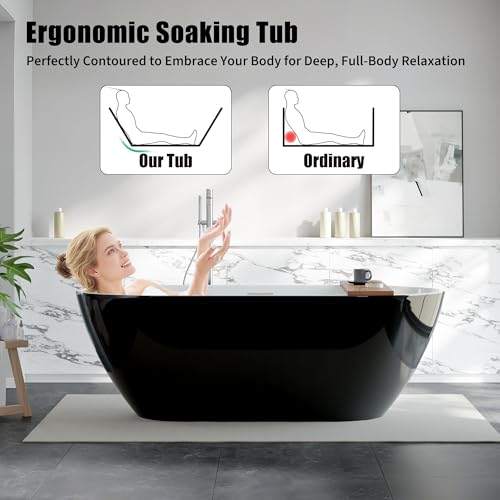Image of 67 Inch Freestanding Bathtub Acrylic Black Soaking Tub with Integrated Overflow, Deep Soaking Free Standing Tub, Modern Stand Alone Tub for New Builds & Bathroom Remodels