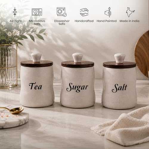 Image of Ceramic Tea Sugar Salt Containers Set of 3 with Wooden Lids | Jar and Container for Kitchen Storage Set | Multi Utility Air Tight Kitchen Organizer Items (Hand-Painted, 330 ML)