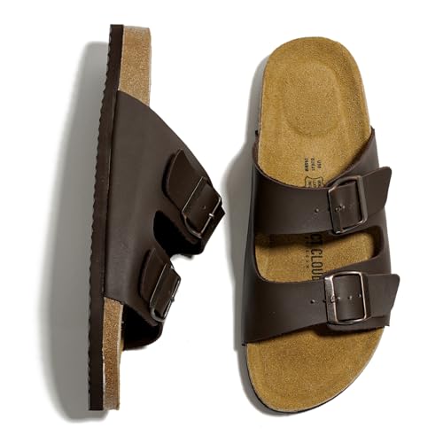Project Cloud Genuine Leather Mens Sandals with Memory Foam Natural Cork Footbed Slides for Men Footwear - Non-Slip Double-Strap Buckle Summer Sandals (Arizona,BRWNLEA,11.5)