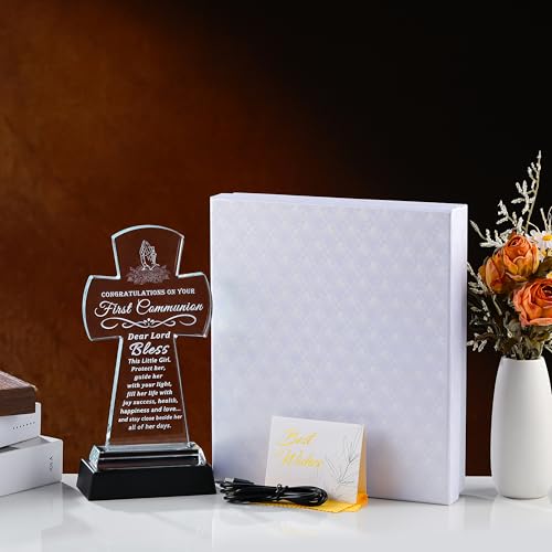 Image of Qianwei First Communion Gifts for Girls Boys, Crystal Cross Gift 3D Engraving Crystal Praying Girl Figurine First 1st Communion Veil Decoration, Baptism Gifts for Girls Catholic