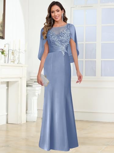 TORYEMY Cape Sleeve Mother of The Bride Dresses Long for Women Lace Appliques Satin Formal Wedding Guest Dress4