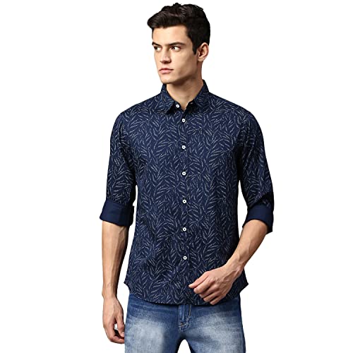 Image of Dennis Lingo Men's Navy Slim Fit Cotton Casual Shirt
