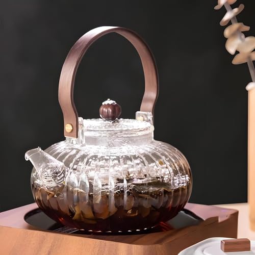 Image of Glass Teapot with Infuser, Stovetop & Microwave Safe Borosilicate Glass Kettle with Wooden Handle for Loose Leaf and Fruit Tea, Clear, 1 Liter Capacity