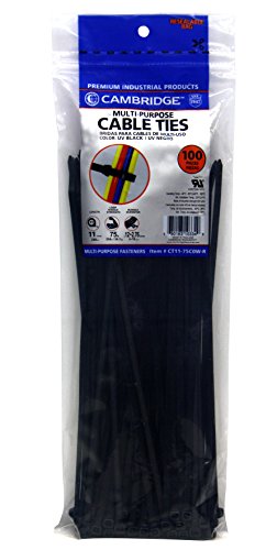 Cambridge Nylon 6/6 UL Listed Cable Ties 11-in 75 Lb Tensile Strength Standard Duty Self Locking UV Resistant Black Zip Ties, 100 Pack, Contractor Quality and Strength