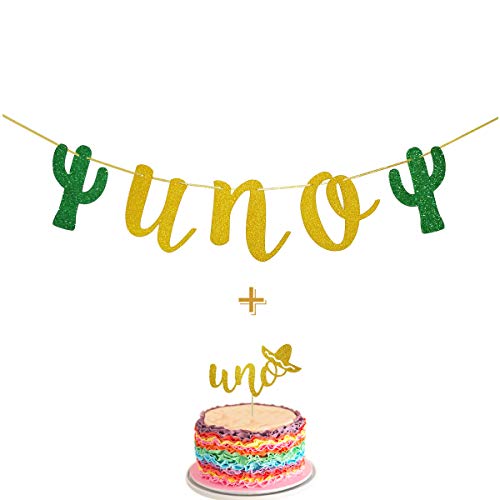 Fiesta First Birthday Smash Cake Kit Gold Glitter UNO Highchair Banner with UNO Cake Topper For Fiesta Cactus Taco Party Supplies Decorations