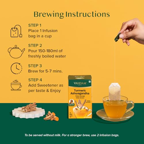 Image of VAHDAM Turmeric Ashwagandha Infusion - 36 Bags | Helps Manage Daily Stress | Individually Wrapped Eco-Friendly Bags | With Lemongrass, Licorice & Black Pepper