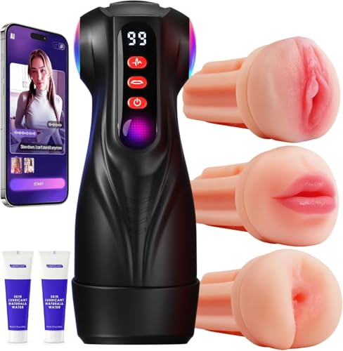 Govosaa Male Masturbator Sex Toys for Men AI Sync 3 Sleeves Adult Toys Sets with 9 Sucking & Vibrating Modes 3D Realistic Tunnel Mens Sex Toy Pocket Pussy Colorful Lighting Stroker Masterubaters